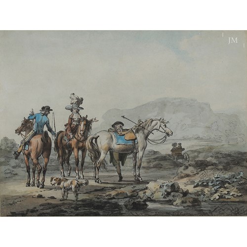 A riding party with travellers in a carriage beyond